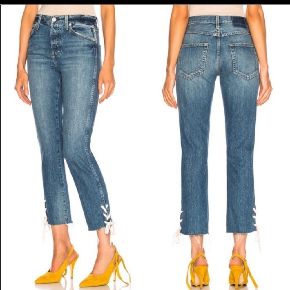 AMO BABE LACE UP Love Note Laces Ankle Ties Button Up High Anthro Denim Jeans 27